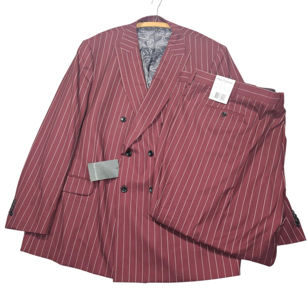 NWT Paul Fredrick Double Breasted Pinstripe Suit Burgundy Sz 52 Long RFU400J